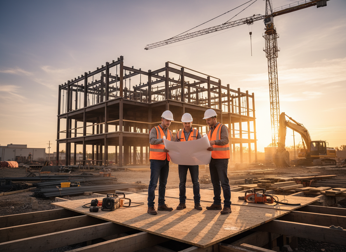 Construction workers reviewing blueprints at golden hour